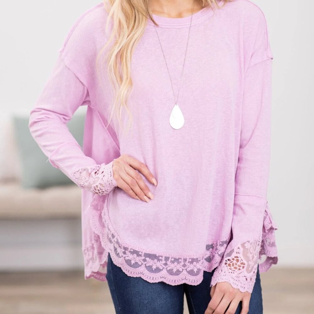 Easel Lavender Lace Hem Tunic Top | Soft Boho Casual Long Sleeve Size Large